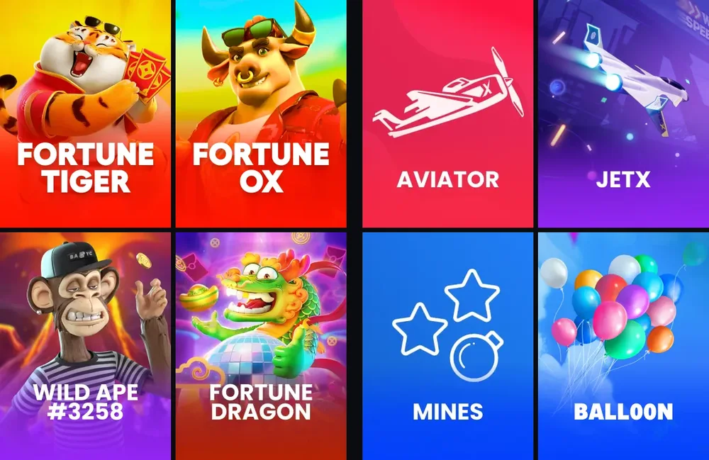 Oito capas da vitrine da Lotobet: Fortune Tiger, Fortune Ox, Wild Ape #3258 e Fortune Dragon à esquerda; Aviator, JetX, Mines e Balloon à direita